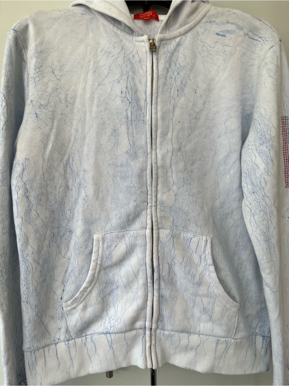 Butter Girls Marble Zip Hoodie in White and Light Blue Rhinestone Bling